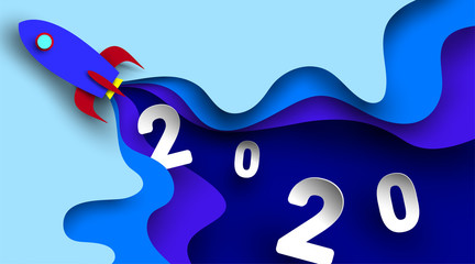 2020 New Year number design with rocket in paper cut and craft style. Symbol of achieve goals for 2020. Start up company concept. - Vector.