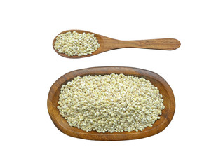 Barley grain seed in wooden bowl and in wooden spoon isolated on white background.Scientific name is Hordeum Vulare. cereal ,top view and close up.Take photo at studio.