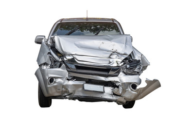 Front of gray color car big damaged and broken by accident isolated on white bakcground.
