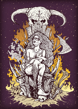 Hand drawn girl on a throne with skulls and snakes in hell. Vector illustration.