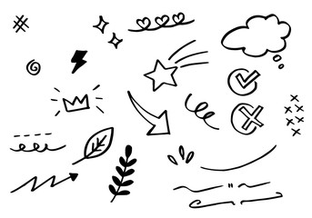 Hand drawn set elements. Arrow, heart, love, speech bubble, star, leaf, sun,light,check marks ,crown, king, queen,Swishes, swoops, emphasis ,swirl, heart, for concept design.
