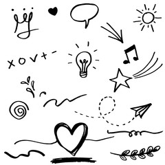Hand drawn set elements. Arrow, heart, love, speech bubble, star, leaf, sun,light,check marks ,crown, king, queen,Swishes, swoops, emphasis ,swirl, heart, for concept design.