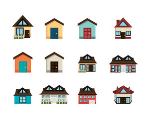 bundle house facade isometric icons vector illustration design