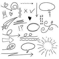 Hand drawn set elements. Arrow, heart, love, speech bubble, star, leaf, sun,light,check marks ,crown, king, queen,Swishes, swoops, emphasis ,swirl, heart, for concept design.