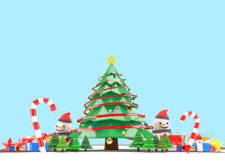 3D Render Background images of the Christmas and Happy New Year concept. There are Snowman, Christmas trees, gift boxes, and shining toys. On a beautiful red background.