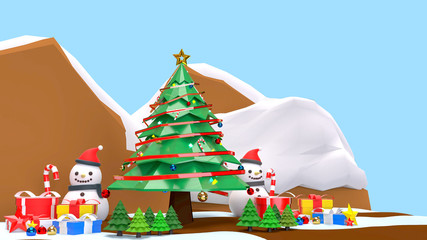 3D Render Background images of the Christmas and Happy New Year concept. There are Snowman, Christmas trees, gift boxes, and shining toys. On a beautiful red background.