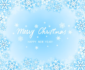 Naklejka na ściany i meble Merry Christmas and Happy New Year greeting card with paper snowflakes on blue background. Vector illustration