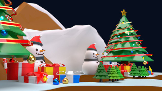 3D Render Background images of the Christmas and Happy New Year concept. There are Snowman, Christmas trees, gift boxes, and shining toys. On a beautiful red background.