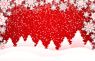 Vector winter holidays landscape background with trees, snowflakes and falling snow
