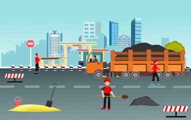 Road repair service , road repair process, road with machines and workers, vector