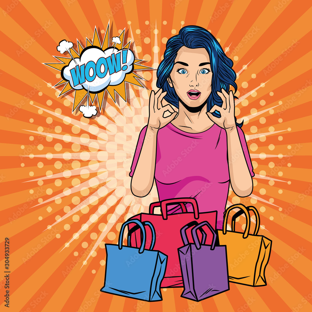 Poster woman with shopping bag retro vector design