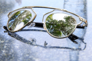 Fashion glass in the public park with reflection with green tree in forest.