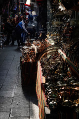 Istanbul, Turkey Copper kitchen wares for sale at the bazaar.