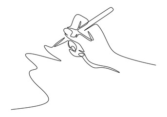 Continuous one line drawing of hand writing minimalism style. Fingers holding ink pen or pencil to draw or write on paper.
