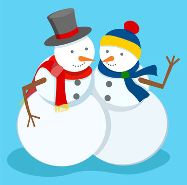 Two happy snowmen together on blue background. Unreal characters from snowballs and dressed in hats and scarfs. Carrot nose located on face, head snow ball. Holiday outside decoration, vector in flat
