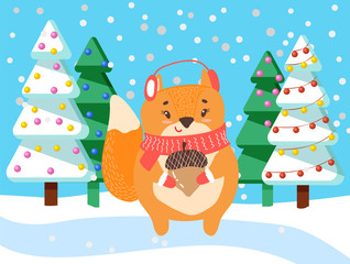 Cartoon animal stand on snowdrift in snowy forest. Orange squirrel with acorn in paws. Character in earmuffs and scarf among fir trees in winter. Snowflakes falling on ground. Vector illustration