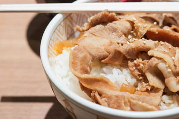 Rice topped with slice pork, Japanese food.