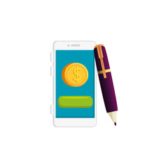smartphone with coin and pen isolated icon vector illustration design
