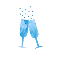 Blue watercolor collage of wineglasses isolated with bubbles on white background.