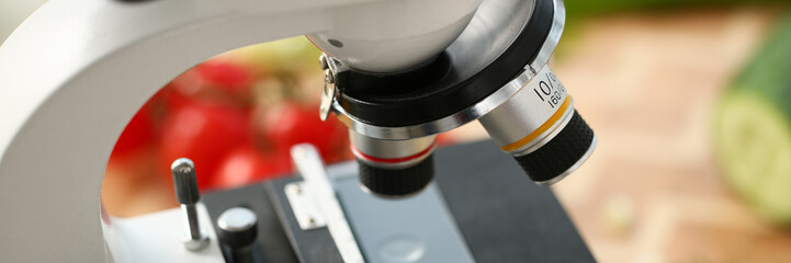 Microscope head on kitchen background