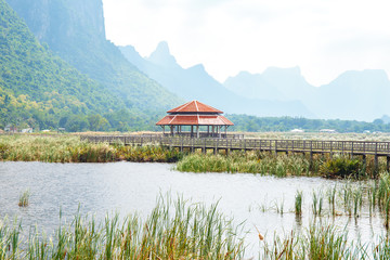 Fototapeta premium Old pavilion in lake of Khao Samroiyod National Park, Prachuap Khiri Khan, Thailand.