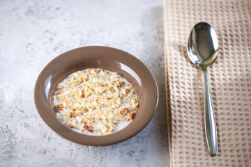 Baked granola with milk in a plate. Muesli with yogurt in a bowl. Healthy breakfast. Close-up.