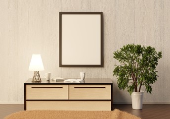 Template of an empty frame in the interior. A console with a lamp and a large indoor plant on the floor. 3D rendering. 3D illustration.