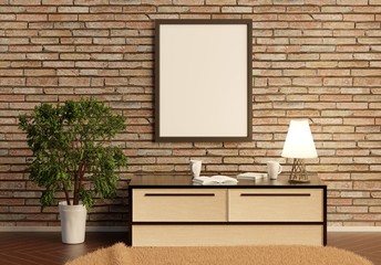 Blank frame template on the wall for photos and inscriptions. Cozy home interior with table and room tree. Brick wall. 3D rendering. 3D illustration.