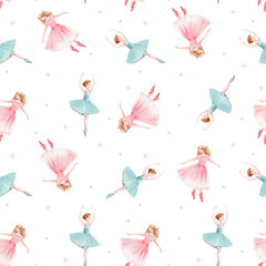 Watercolor vector seamless pattern with cute dancing girls ballet nutcracker ballerina clip art isolated illustrations © zenina