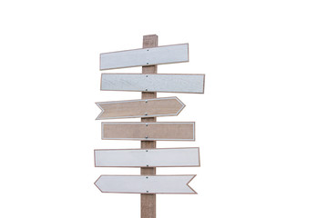 Brown and white wooden arrow sign isolated on white background for decoration the cafe and restaurant place is outdoor.