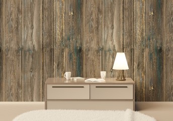 Interior of the room with lamp and table. Wooden wall background. White carpet on the floor. 3D rendering. 3D illustration.