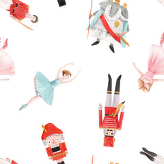 Watercolor vector christmas winter nutcracker fairy tale ballet seamless pattern