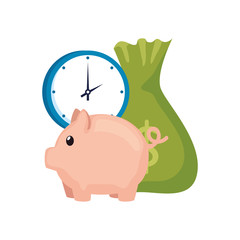 clock with piggy bank and money bag vector illustration design