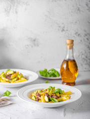 Delicous pasta with beef and fresh avocado