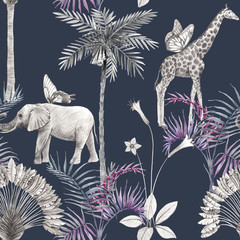 Beautiful african safari animal tropical seamless pattern. Trendy style. Print with elephants and giraffe. Dark background,