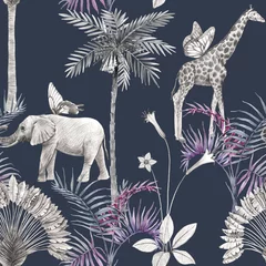 Behang Tropische print Prachtige Afrikaanse safari dierlijk tropisch naadloos patroon. Trendy stijl. Print met olifanten en giraf. Donkere achtergrond,