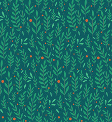 Seamless flat pattern with branches, leaves and berries on a dark green background. Natural simple floral backdrop. Natural tapestry wallpaper. Vector texture for fabric, pattern and your creativity.