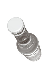 Perspective View of Clear White Glass Bottle. Crown Cap Close-Up. 3D Mockup Isolated on White Background.