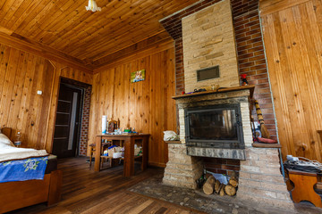 Interior view of an interior fireplace and living room