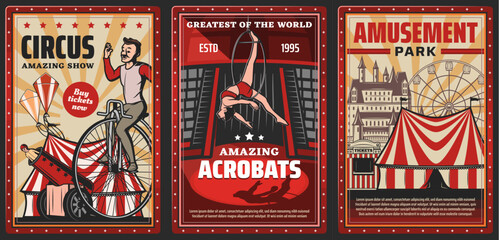 Circus show of acrobats vector design of carnival or amusement park retro posters. Circus top tents or chapiteau marquee with trapeze girl, acrobat riding vintage bicycle and rocket man in cannon © Vector Tradition