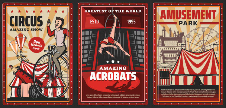 Circus show of acrobats vector design of carnival or amusement park retro posters. Circus top tents or chapiteau marquee with trapeze girl, acrobat riding vintage bicycle and rocket man in cannon