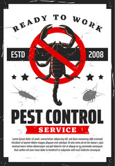 Image of Pest control service, insects extermination and professional home disinsection vintage retro poster. Vector scorpions, woodlouse multipeds and parasite bugs pest control fumigation and disinsection printed on Printed Glass Splashbacks