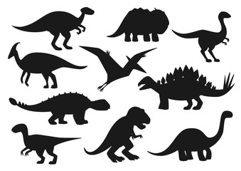 Dinosaurs icons, Jurassic park dino monsters silhouettes. Vector isolate t-rex tyrannosaurus, brontosaurus and triceraptors, velociraptor and pterodactyl, spinosaurus lizard and stegosaur