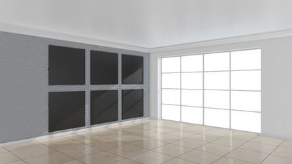 Large interior with black poster on wall. Mock up, 3D Rendering.