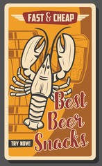 Obraz premium Beer bar fast food menu retro vintage poster, crayfish snacks. Vector Oktoberfest beer festival and brewery pub advertisement, pint mug and wooden barrel, traditional beer brewing festival