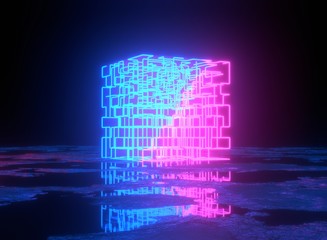 Neon maze background. Glowing square maze. 3d rendering.