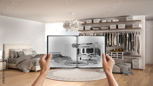 Hands Holding Notepad With Creative Bedroom Design Blueprint Sketch Or Drawing Real Interior Design Project Background Before And After Concept Architect Designer Work Flow Idea Wall Mural Archiviz