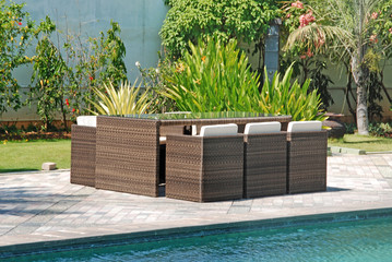 Artistic Ethnic Classy Modern Elegant Luxury Indoor Home Interiors and Outdoor Garden Park Furniture Table Chair Cabinet Accessories from Rattan Plastic Wicker or Wooden Materials for Hotel and House 