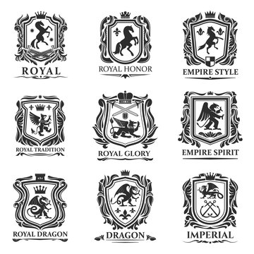 Heraldic animals, royal heraldry shields with dragons and Medieval creatures. Vector Pegasus horse and lion, imperial crown and heraldic fleur de lis coat of arms and emblems, gryphon or griffin eagle