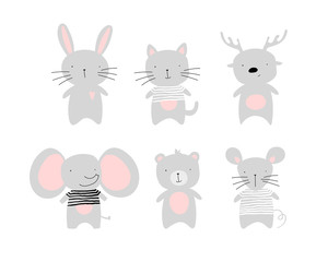 Set of cute animal kids. Elephant, bunny, mouse, deer, cat, bear. Characters for postcards, children s, children s party. Vector flat stock isolated on a white background.